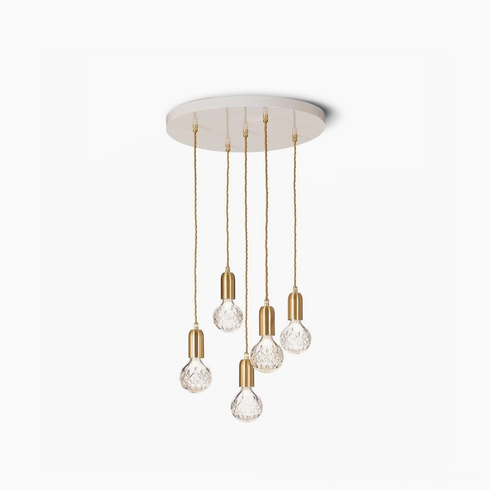 Multi-head crystal bulb pendant light cluster in brass with handcrafted clear glass shades