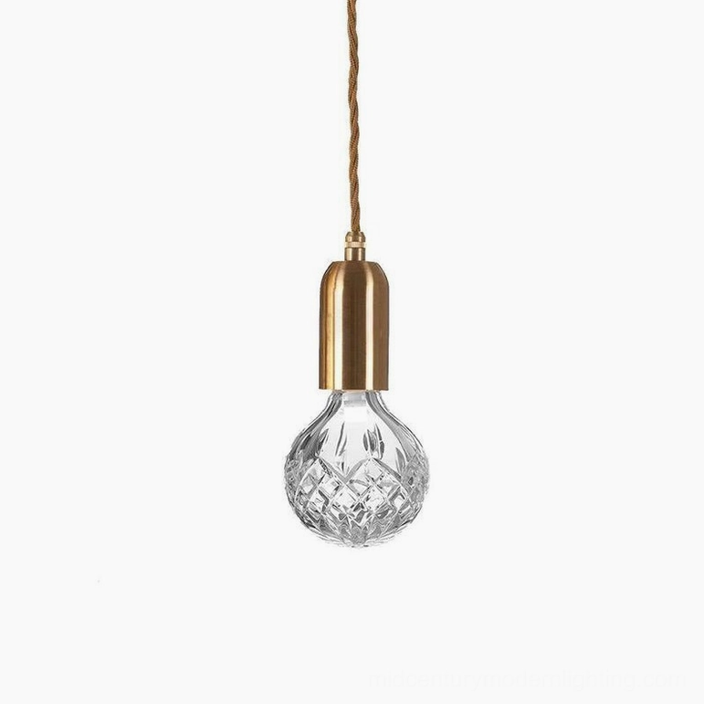 Single-head crystal bulb pendant light in gold brass finish with clear faceted shade