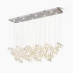 Crystal butterfly chandelier front view with hanging silver stainless steel canopy, diamond-cut faceted crystal pendant flowers, modern LED lighting fixture