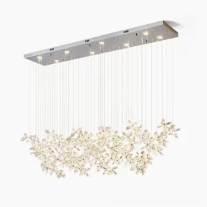 Crystal butterfly chandelier front view with hanging silver stainless steel canopy, diamond-cut faceted crystal pendant flowers, modern LED lighting fixture