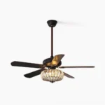 Crystal cage ceiling fan light with integrated LED fixture, matte black and bronze finish with 5 fan blades, overhead studio view
