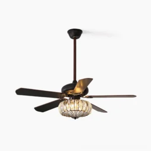 Crystal cage ceiling fan light with integrated LED fixture, matte black and bronze finish with 5 fan blades, overhead studio view