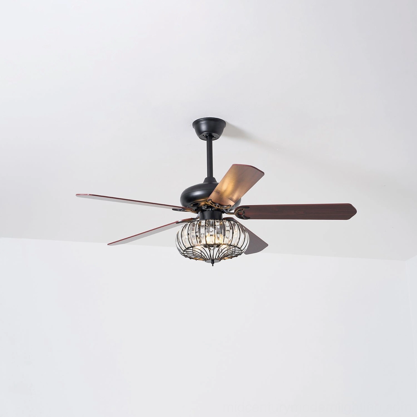 Contemporary crystal cage ceiling fan light, showing warm light diffusion through crystal enclosure and ambient glow