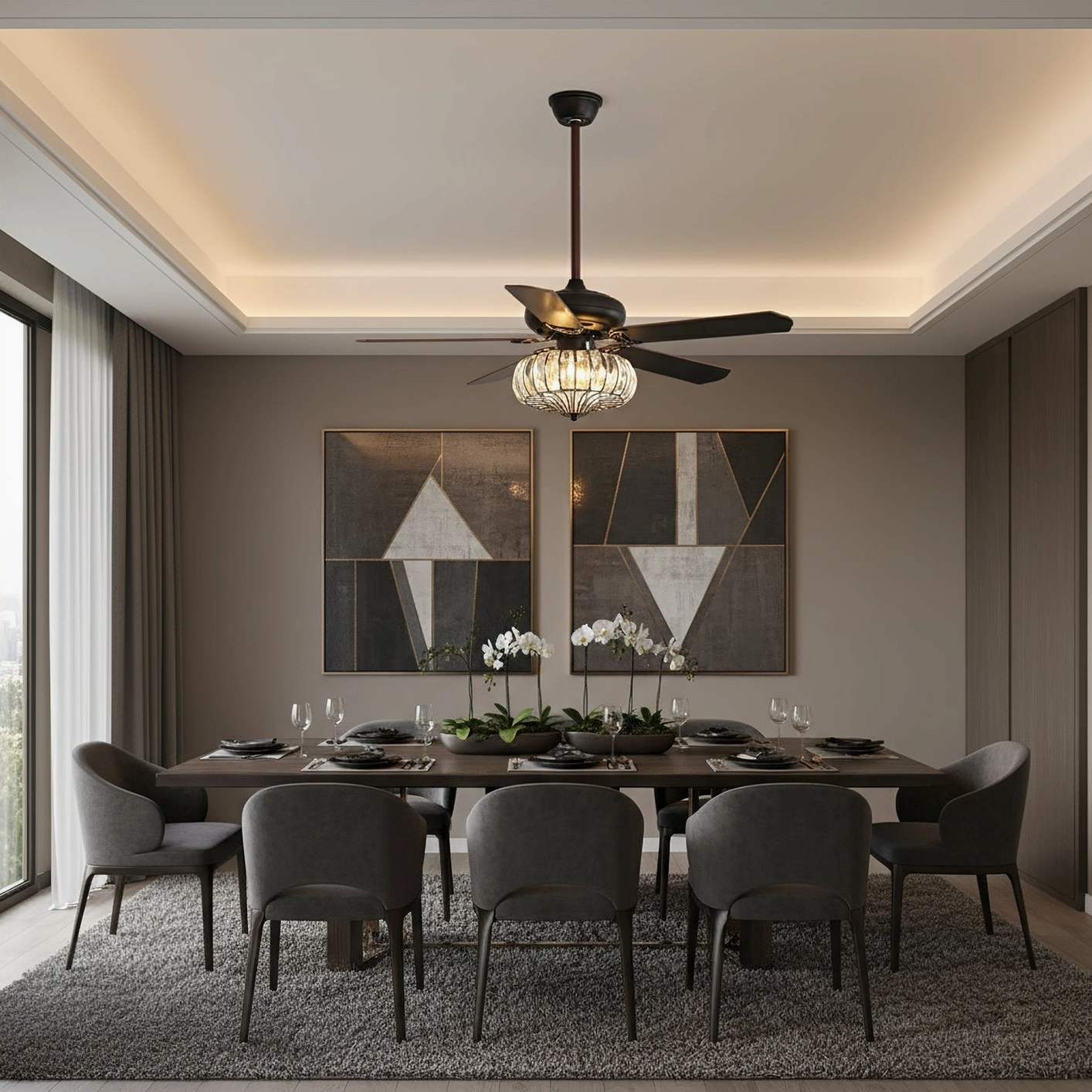 Luxury ceiling fan light with crystal diffuser in formal dark dining room with matching finish and elegant table setting