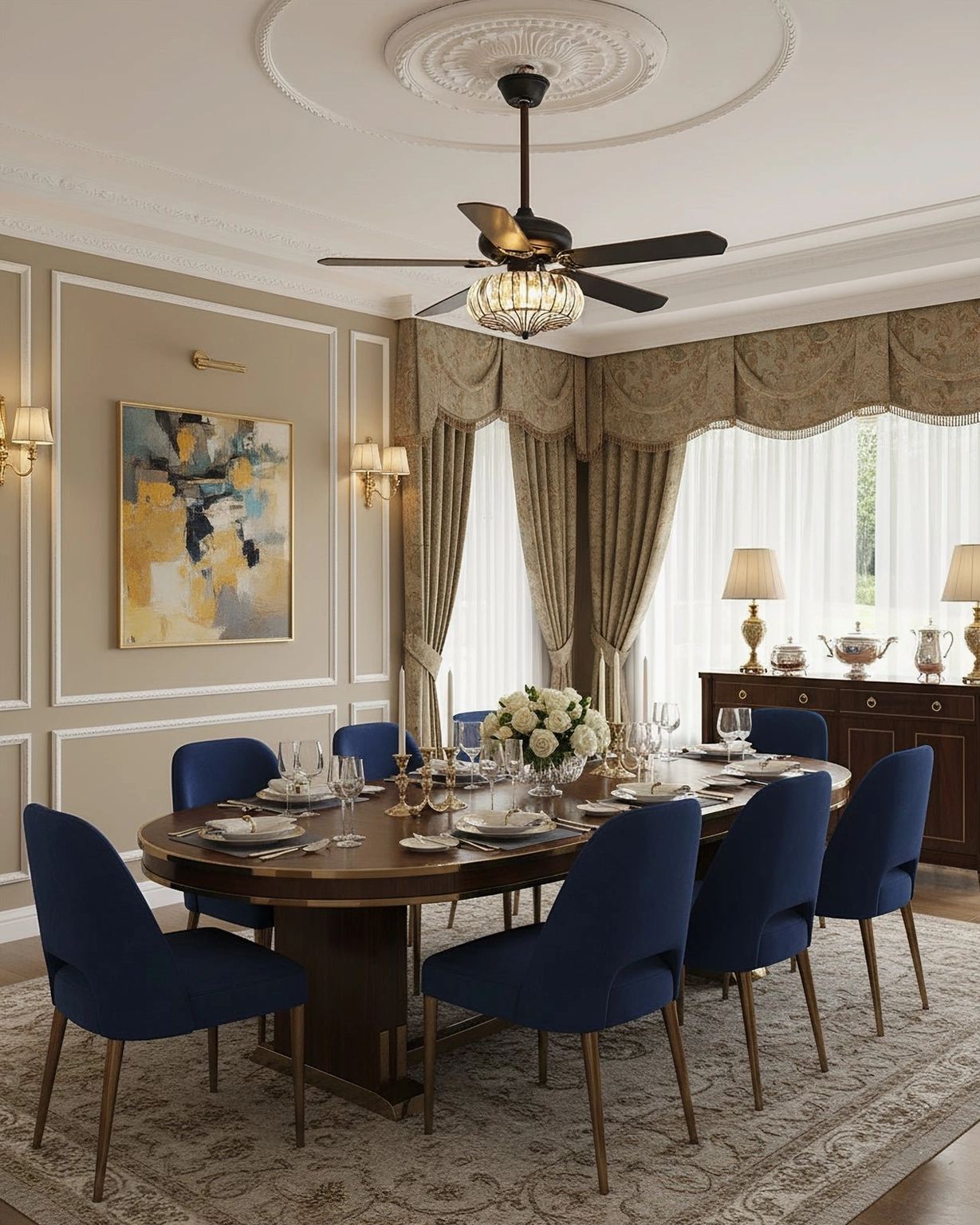Formal dining room with ceiling fan light fixture, royal blue velvet dining chairs, and modern abstract wall art