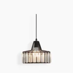 Modern crystal cage pendant light with clear K9 crystals and black metal frame, studio front view on white background