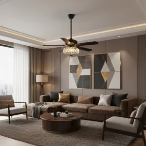 Modern crystal ceiling fan light installed in contemporary brown living room with geometric wall art and warm neutral décor