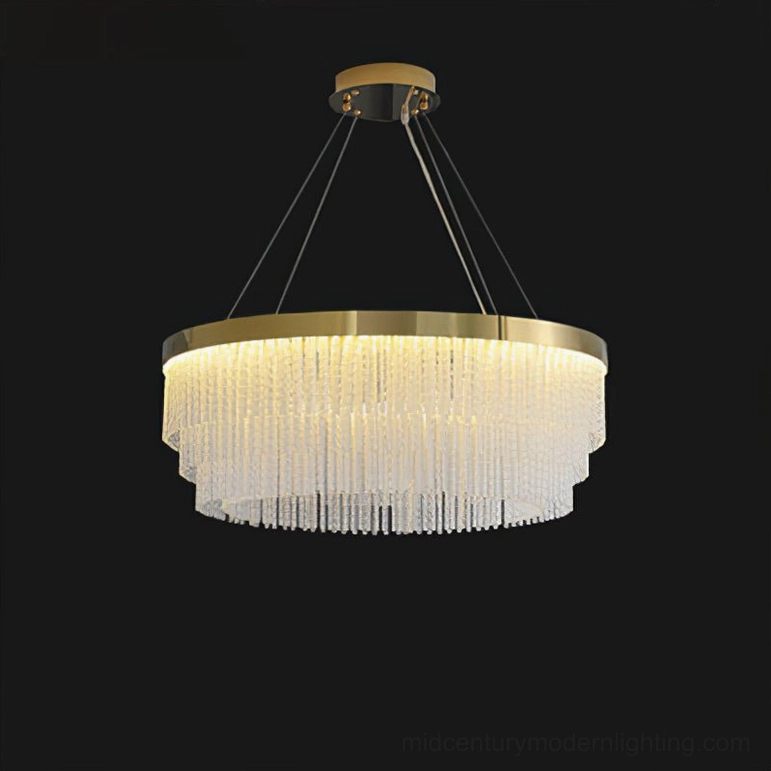 80cm round tiered crystal chandelier with cascading clear glass tassels and gold metal trim