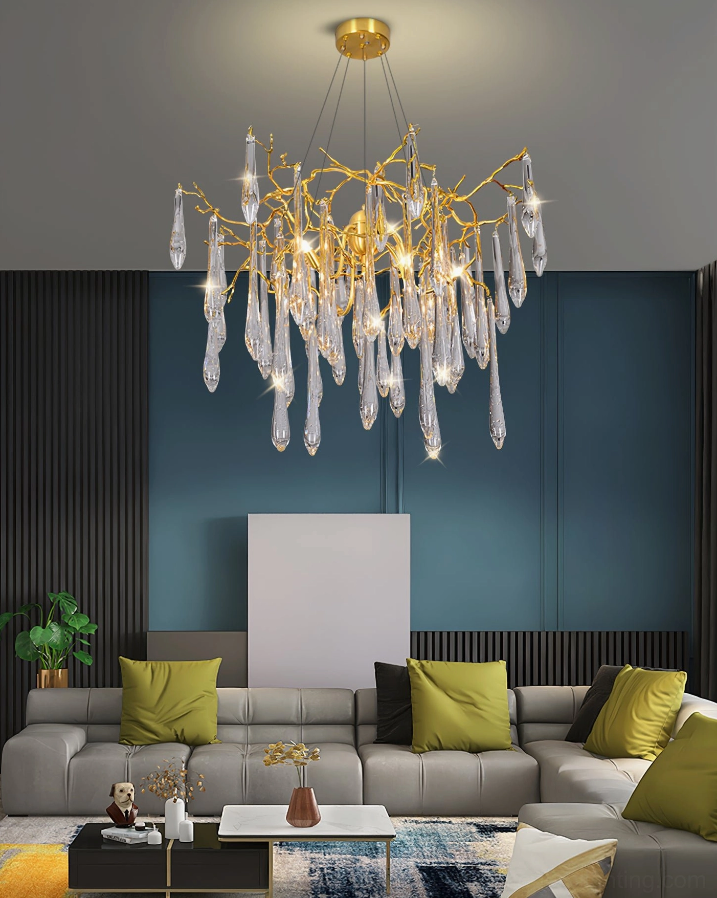 Crystal pendant chandelier dark feature wall modern interior cascading teardrop crystals polished brass
