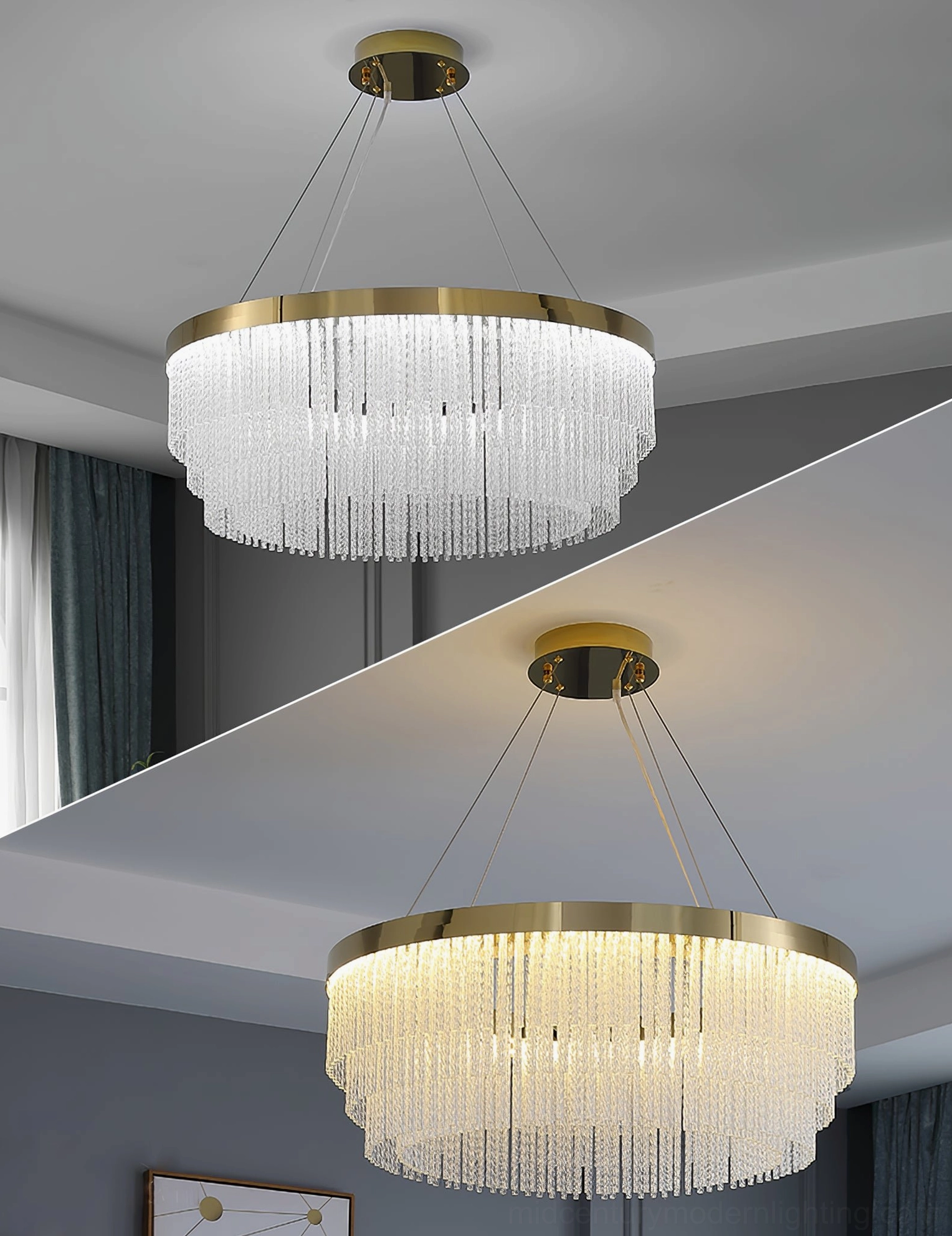 Two sizes of tiered round crystal chandeliers with gold brass frames comparison view
