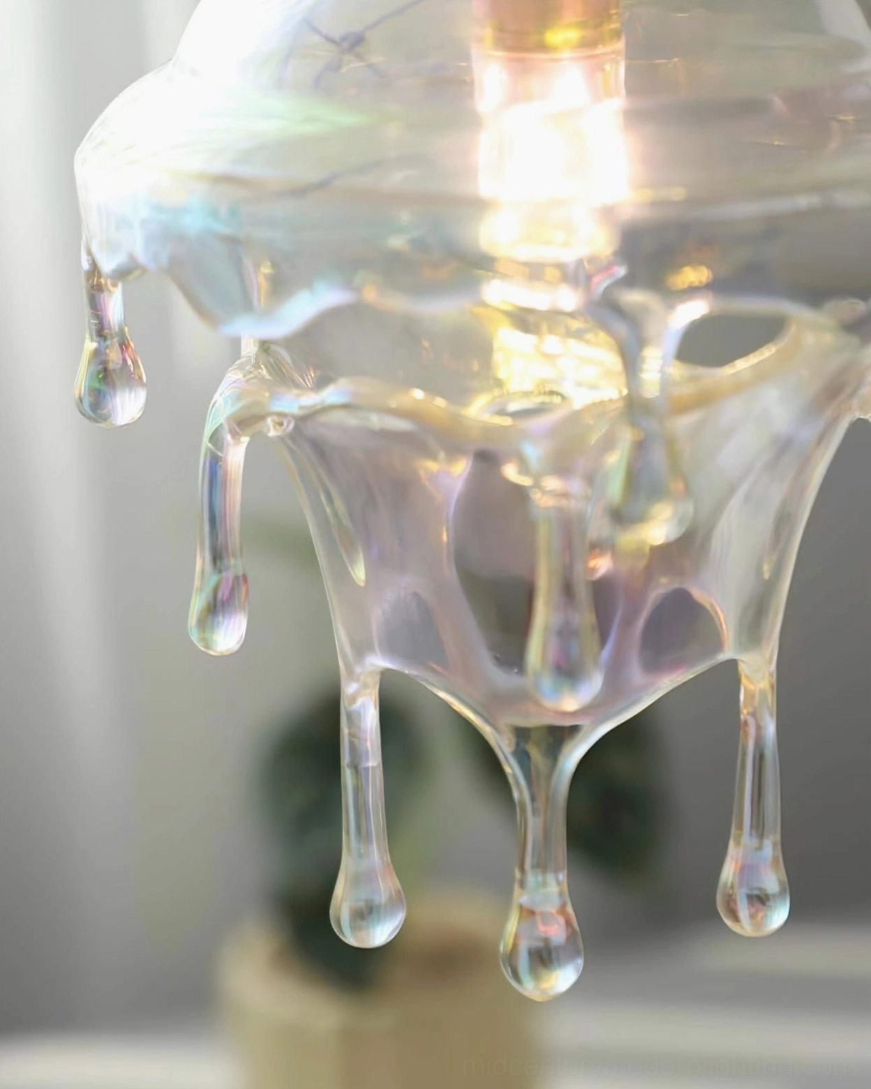 Crystal clear transparent resin water droplets pendant with glowing bulb visible inside frosted shade