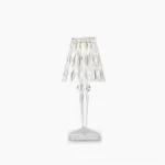Crystal cordless table lamp with faceted acrylic design on white background, three-color RGB light modes
