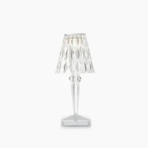 Crystal cordless table lamp with faceted acrylic design on white background, three-color RGB light modes