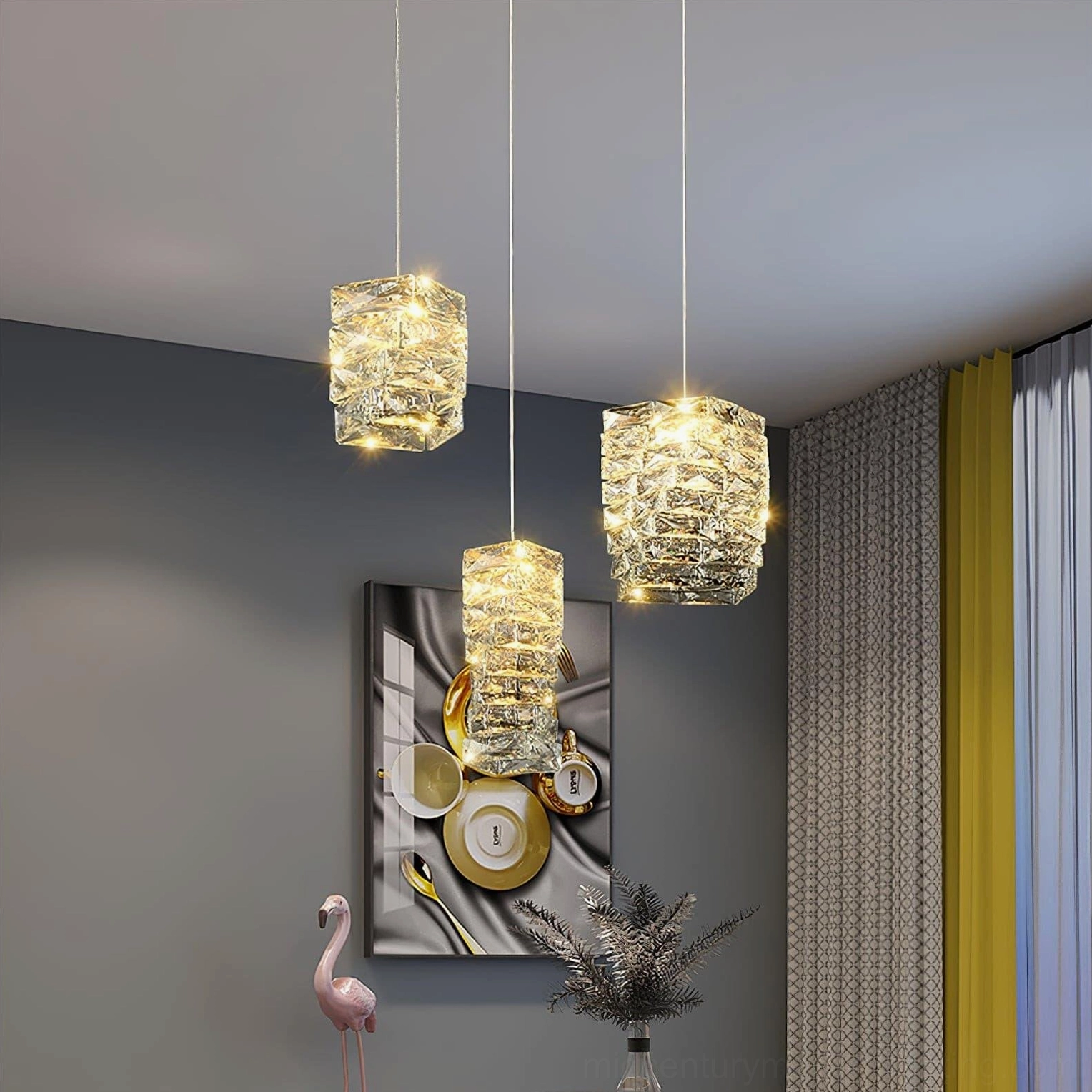 Faceted crystal cylinder pendant fixture with integrated LED showing modern design and light technology