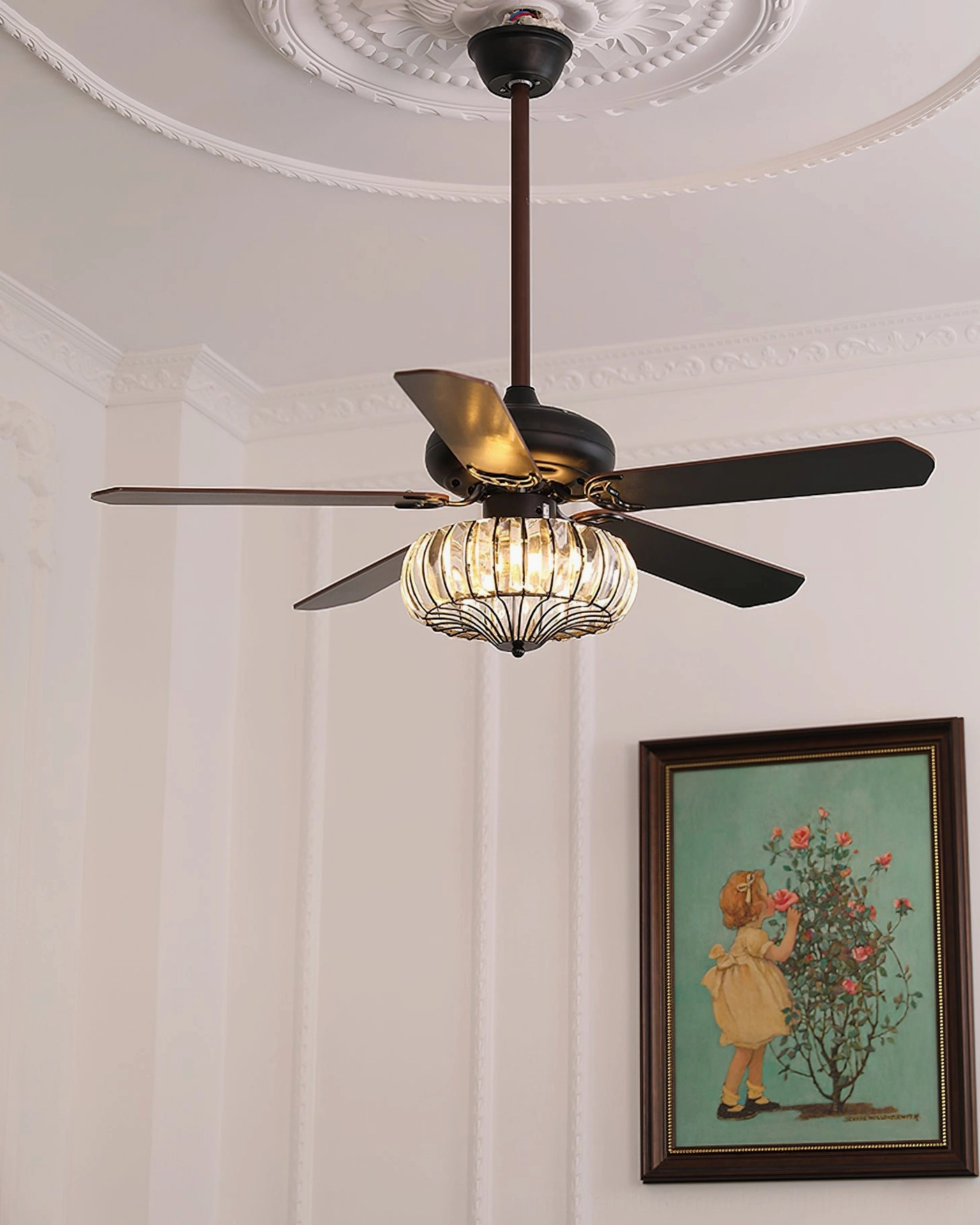 Ceiling fan light with crystal diffuser in contemporary home interior, showing lighting ambiance and air circulation design