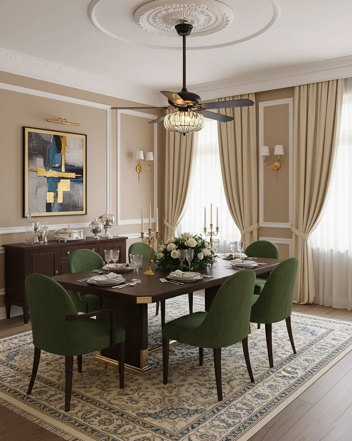 Modern ceiling fan light with crystal enclosure in neoclassical dining room with green velvet chairs and ornate wall trim