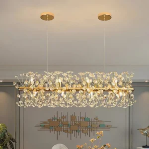 Modern gold crystal chandelier with spiky pendant clusters illuminated in contemporary living room setting