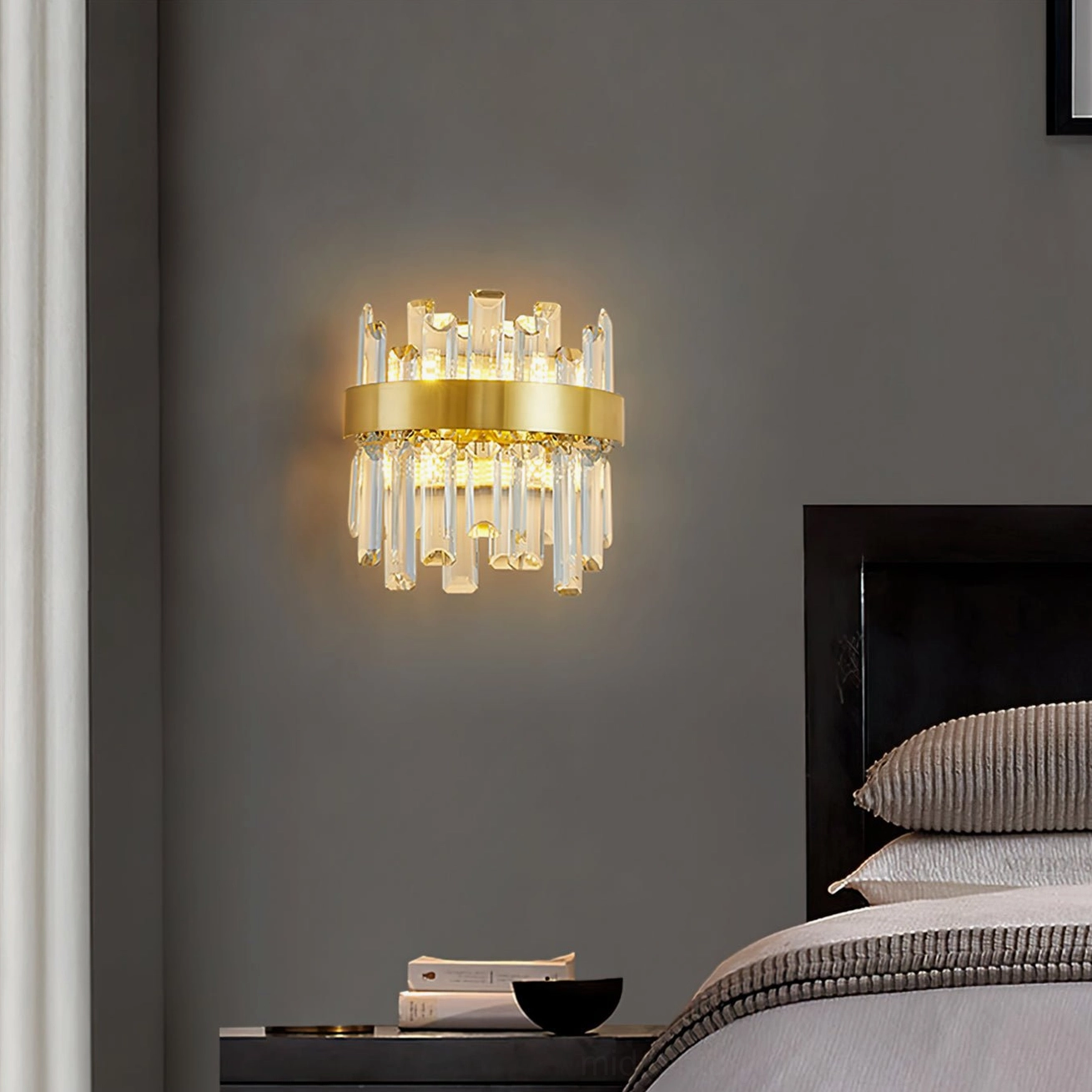Crystal wall lamp in modern bedroom with dark wood headboard, positioned above bedside shelf as functional statement lighting