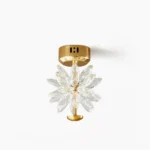 Glam Flower Crystal Ceiling Lamp - Gold brass fixture with transparent crystal petals on white background, front view