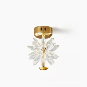 Glam Flower Crystal Ceiling Lamp - Gold brass fixture with transparent crystal petals on white background, front view