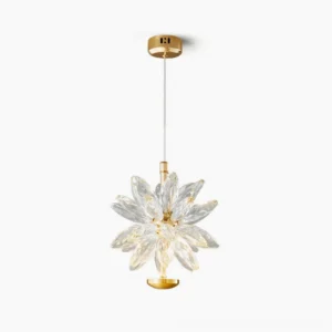 Crystalline flower pendant light with gold metal hardware and clear crystal petals, studio front view