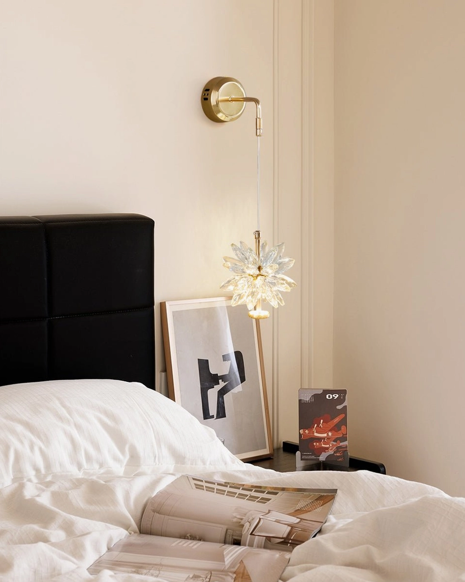 Premium crystal flower wall sconce with gold hardware, mid-century modern design suitable for luxury interior decoration