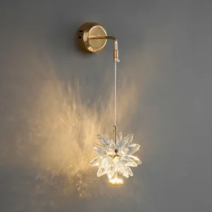 Crystal flower wall lamp mounted on interior wall, emitting warm ambient starburst lighting effect in side view