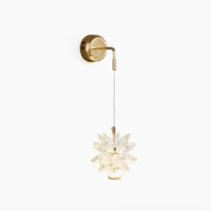 Crystal flower wall sconce with gold finish displayed against white background, showcasing faceted clear crystal petals and premium hardware