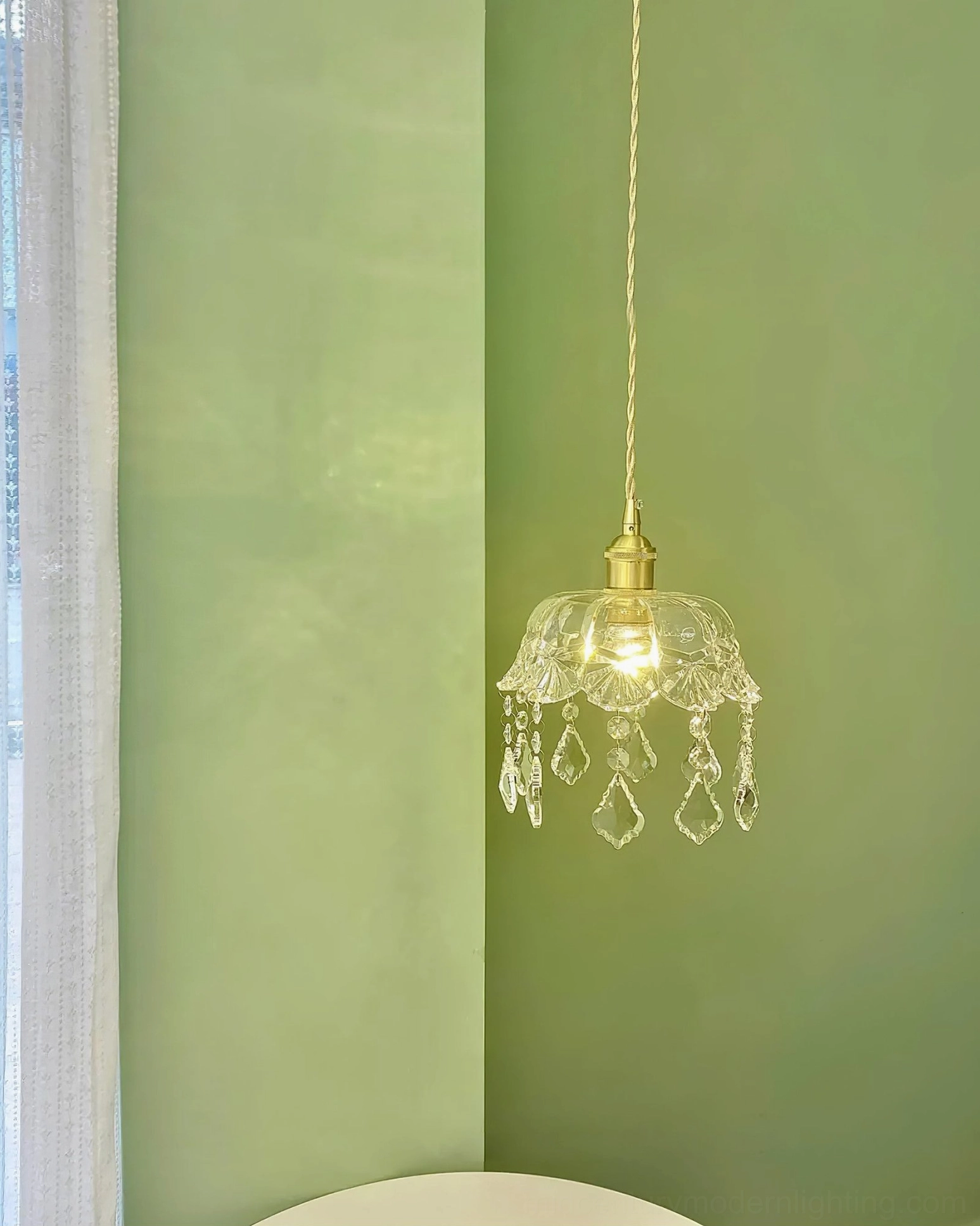 Crystal jewel pendant light full product view, pressed glass shade with botanical design