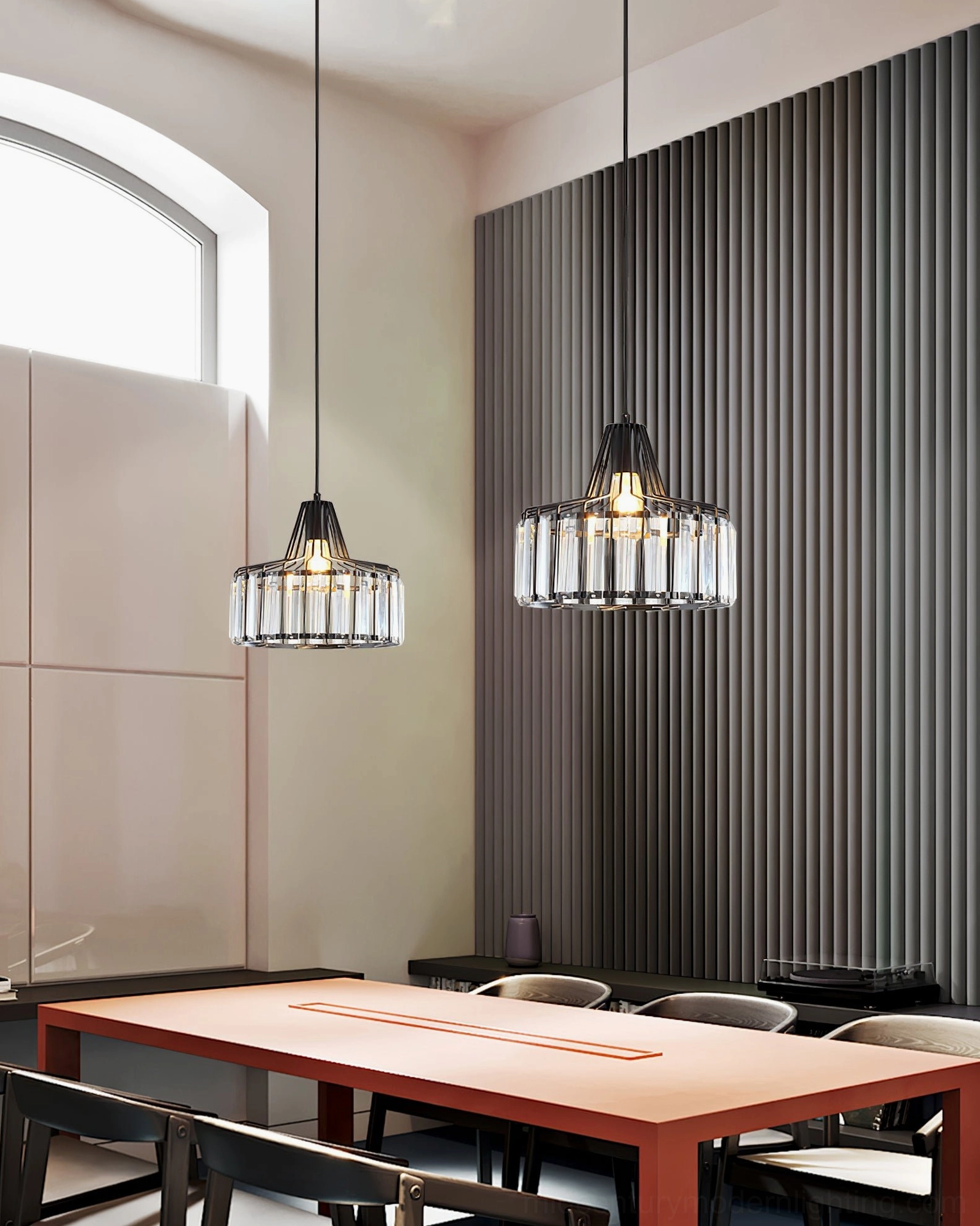 Modern crystal cage pendant lamp showing light refraction through K9 crystal elements