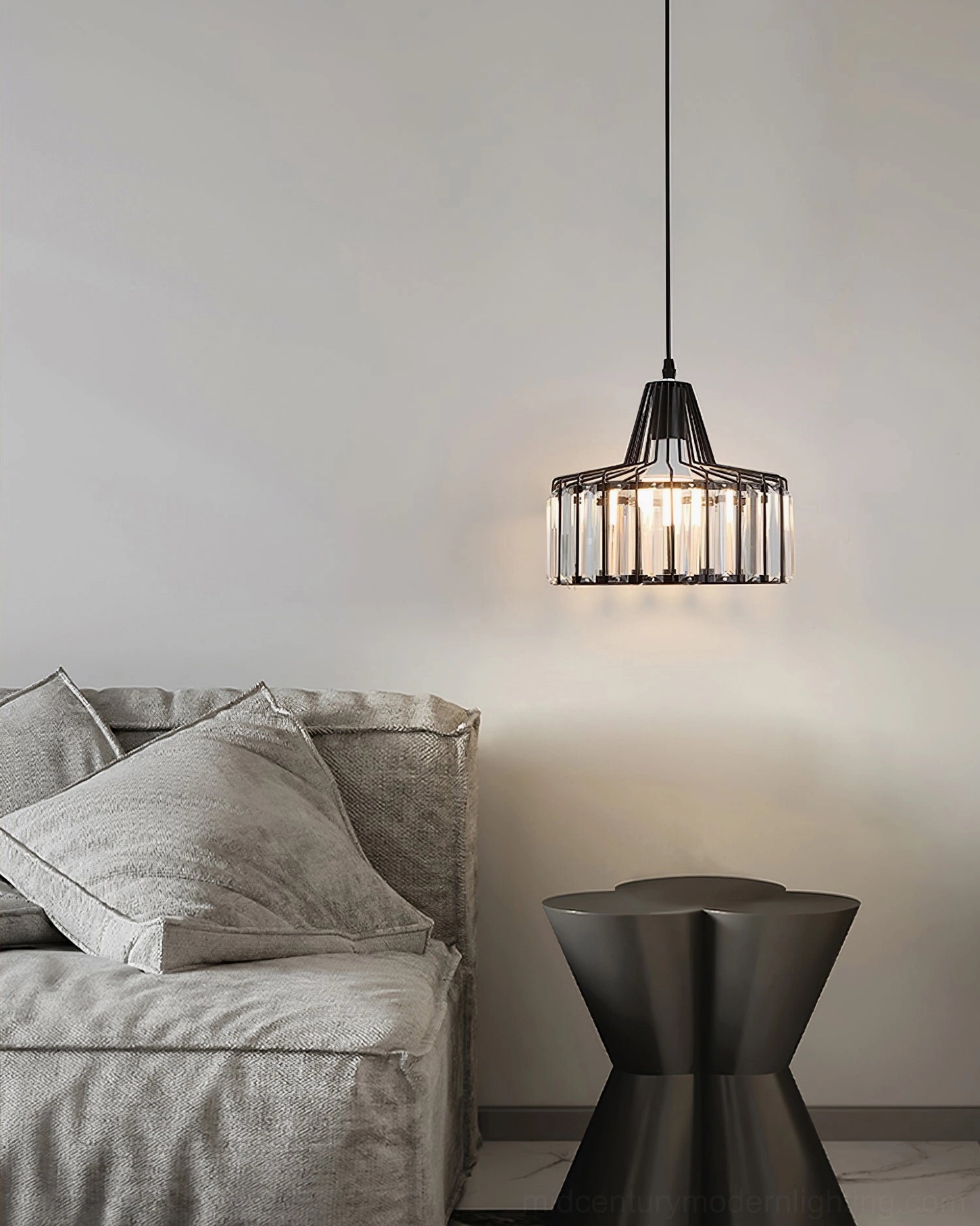 Crystal pendant ceiling light fixture showing geometric cage structure and crystal placement