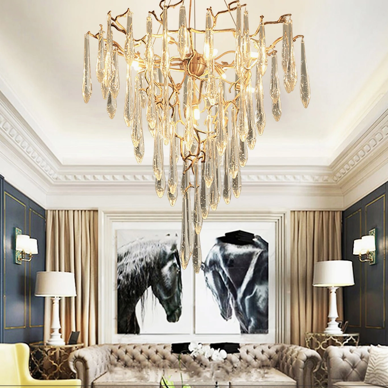 Crystal pendant chandelier warm LED bulbs Edison filament ambiance mid-century modern style