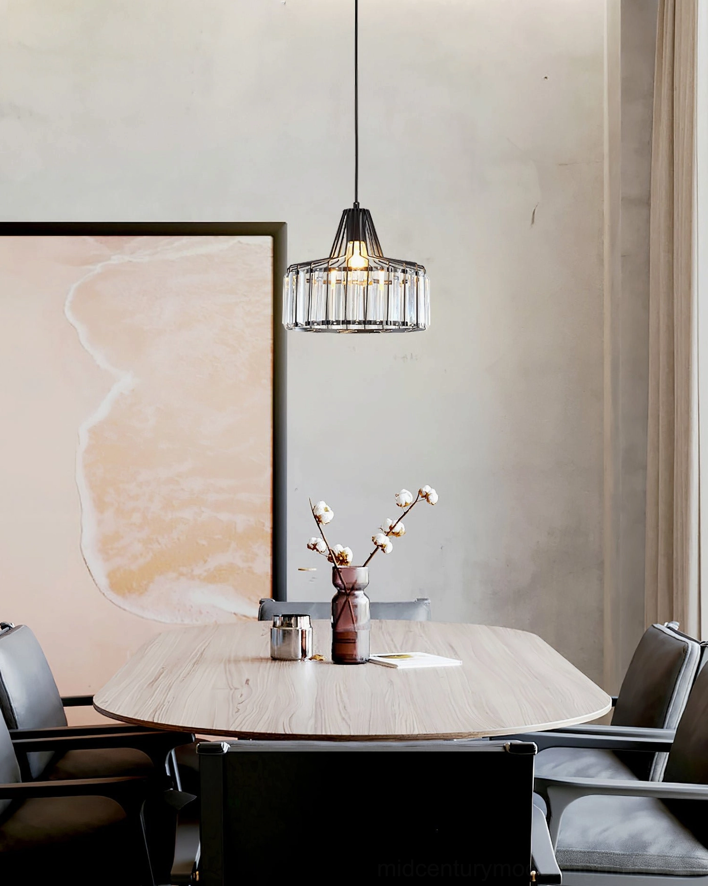 Modern crystal pendant lamp installation showing fixture dimensions and ceiling mounting setup