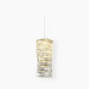 Cylindrical faceted clear crystal pendant lamp with geometric faceted shade on pure white background
