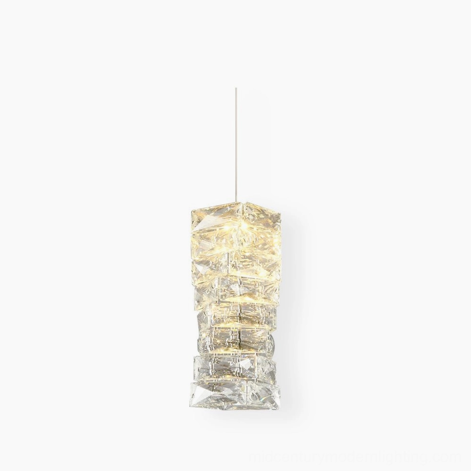 Cylindrical faceted clear crystal pendant lamp with geometric faceted shade on pure white background