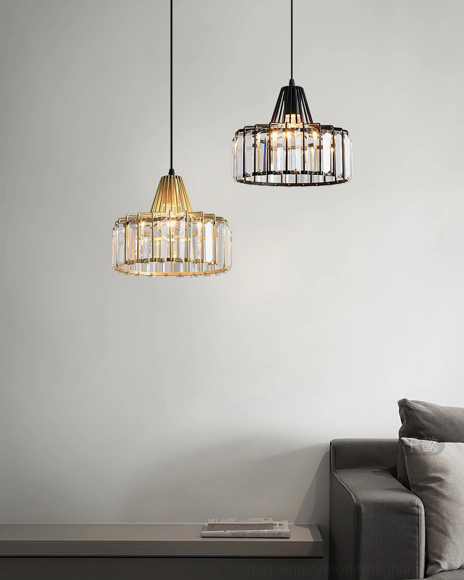 Modern pendant light casting crystalline shadows and light patterns on ceiling and walls