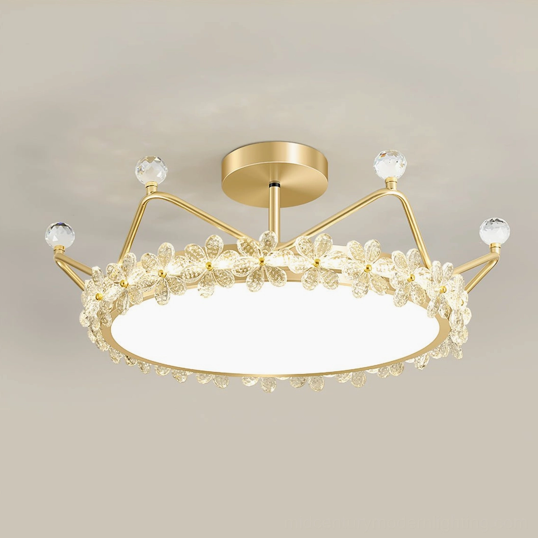 Crystal petal crown ceiling lamp detail, top angle view highlighting geometric crystal flower petals and gold metal framework