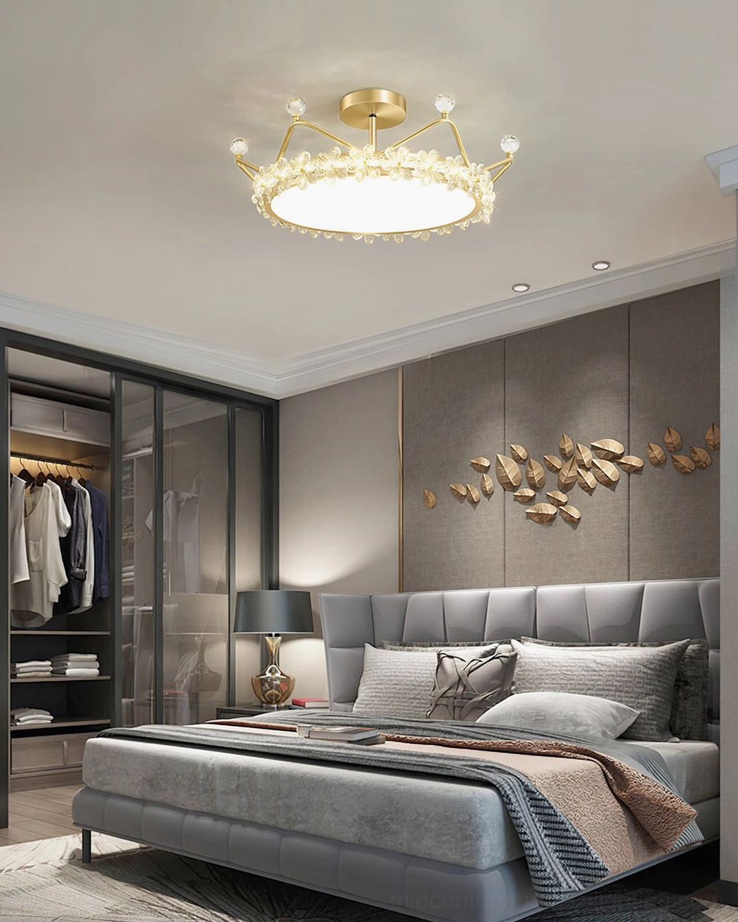 Crystal petal crown ceiling light installation, overhead perspective in stylish home interior with warm ambient lighting