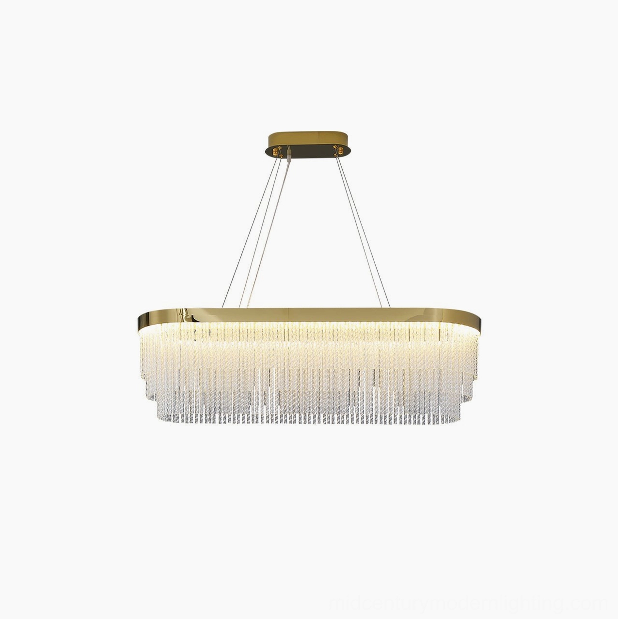 Close-up detail of layered crystal tassel strands on gold brass chandelier frame
