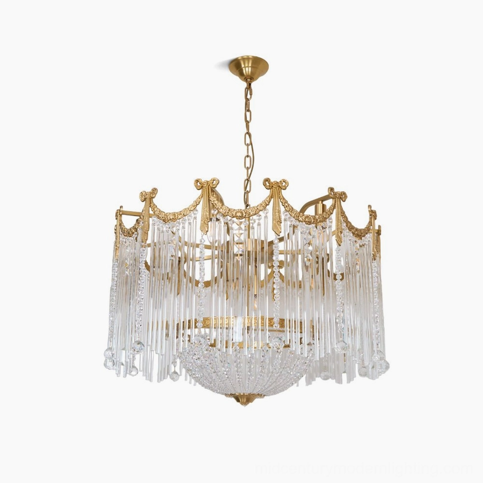 Crystal teardrop chandelier studio frontal view showing brushed brass crown frame and cascading glass rod pendants