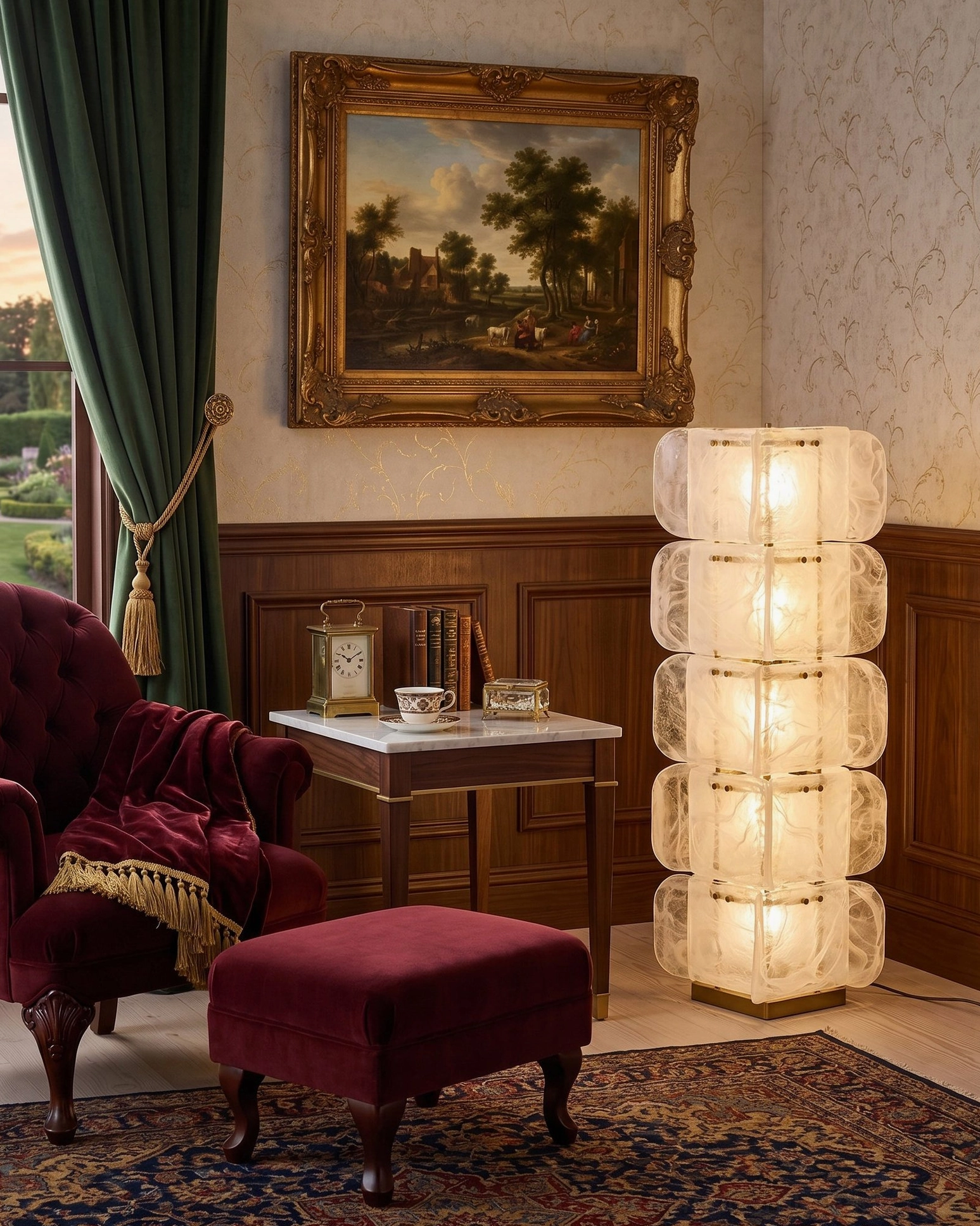 Cubo Totem clear glass five-tier lamp in classic vintage living room, traditional luxury decorative lighting sculpture
