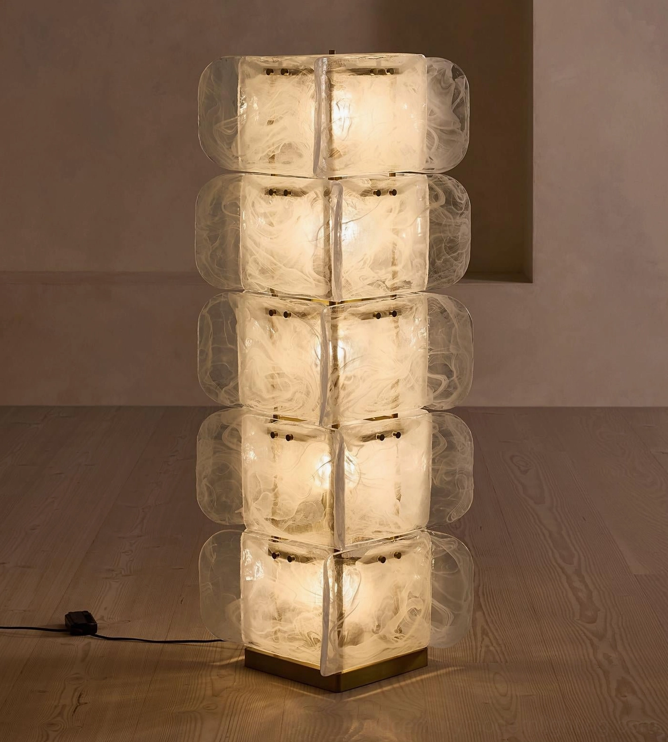 Cubo Totem floor lamp entryway placement, architectural statement piece anchoring minimalist corridor or foyer