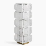 Cubo Totem five-tier mid-century modern floor lamp with stacked glass and metal frame, studio front view showing sculptural geometric design
