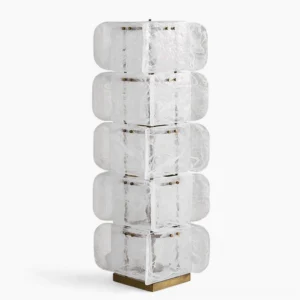 Cubo Totem five-tier mid-century modern floor lamp with stacked glass and metal frame, studio front view showing sculptural geometric design