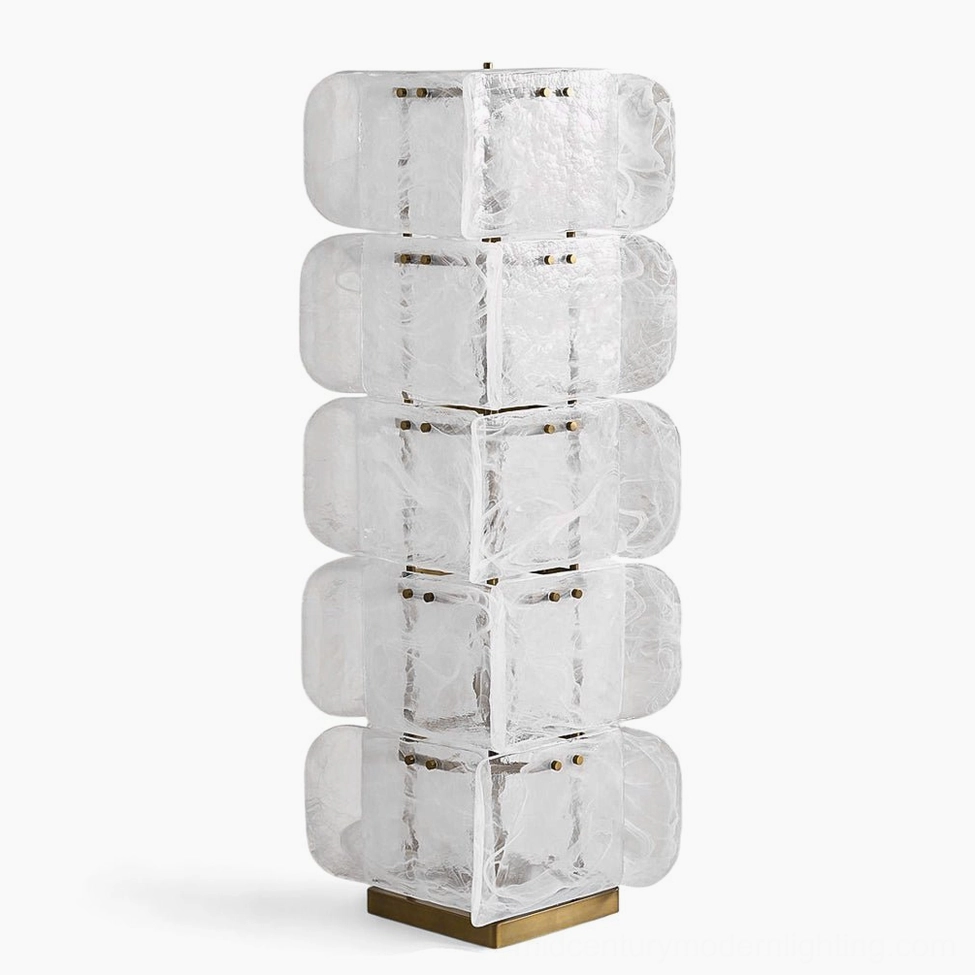 Cubo Totem five-tier mid-century modern floor lamp with stacked glass and metal frame, studio front view showing sculptural geometric design