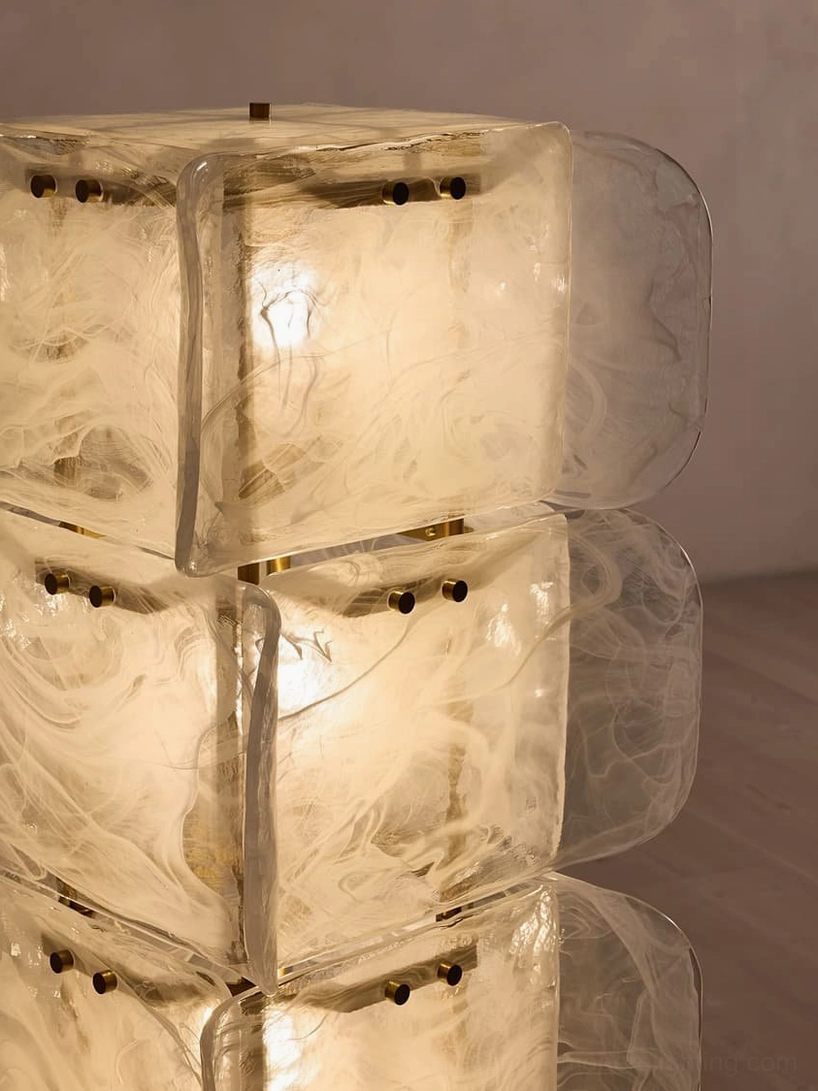 Cubo Totem five-tier lamp showing glass diffusion and metal structure, Space Age geometry with Brutalist weight
