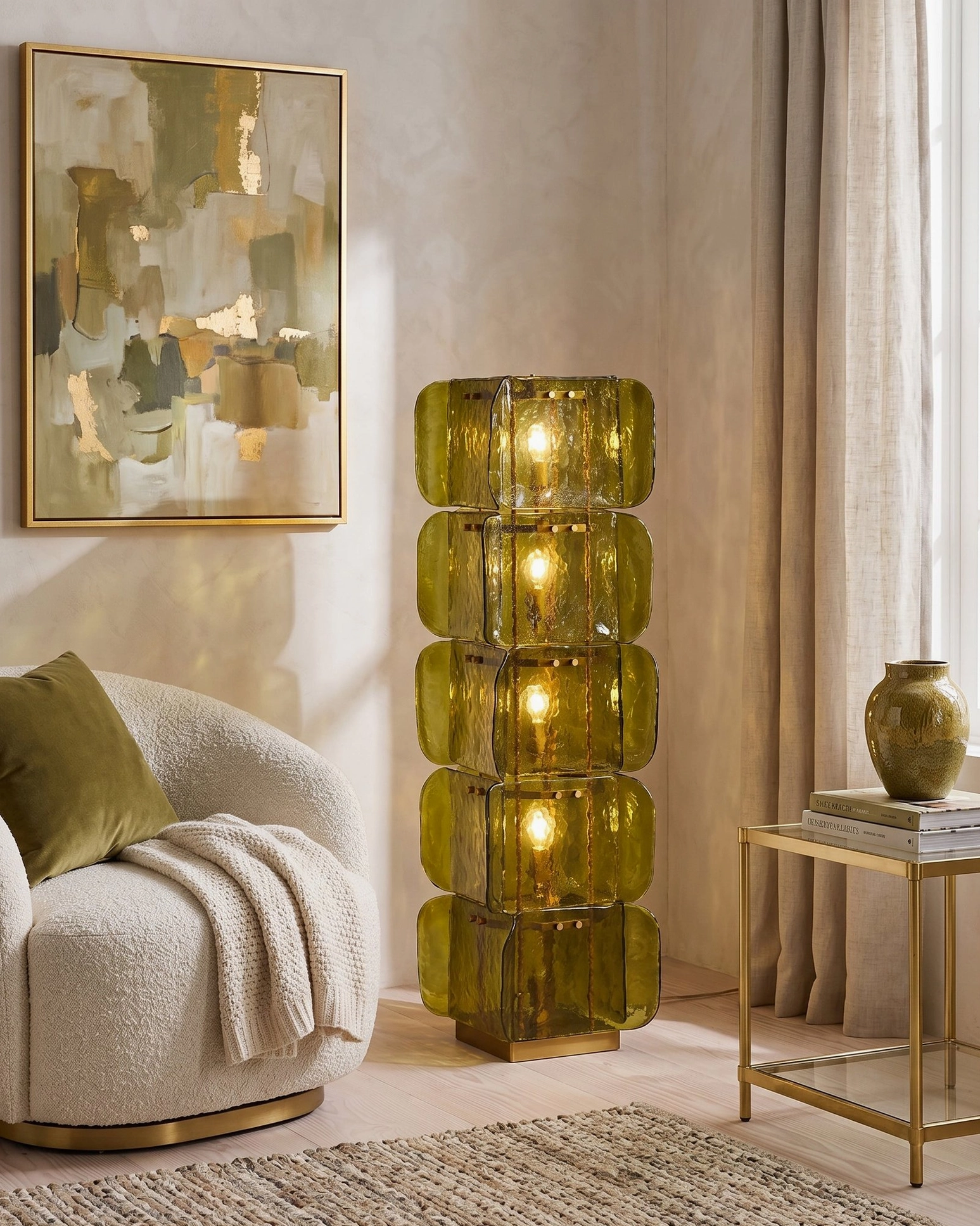 Olive green Cubo Totem in elegant neutral living space, sophisticated mid-century modern five-tier glass floor lamp with Brutalist presence