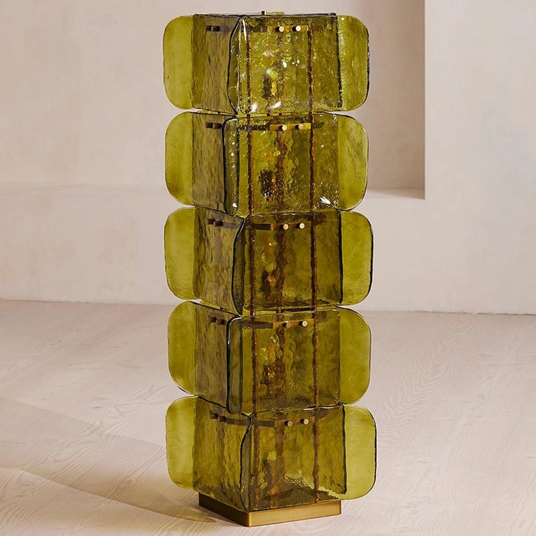 Cubo Totem green finish five-tier floor lamp, moody gallery-chic sculptural lighting for contemporary home design