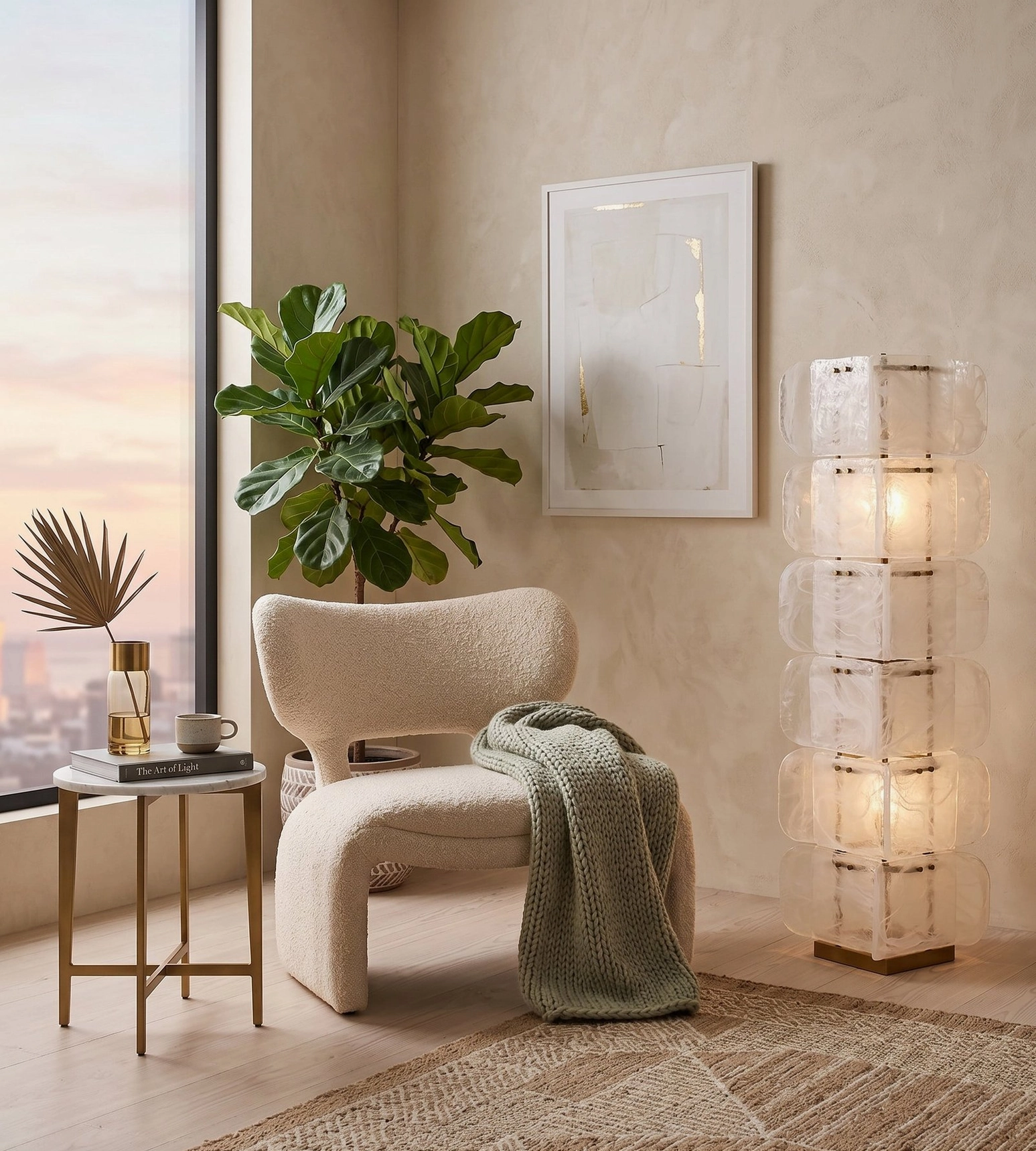 Cubo Totem floor lamp in bright minimalist living room with city view, architectural sculptural lighting in clean modern space