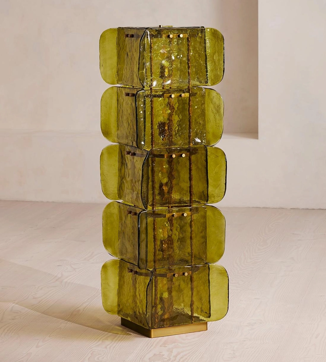 Cubo Totem white finish floor lamp in bright room, architectural Brutalist glass and metal lighting sculpture